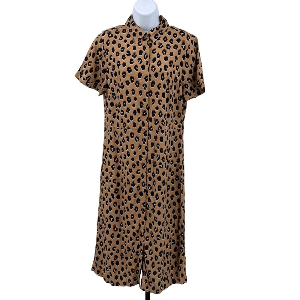 A New Day Shirt Dress WMNS S Tan Black Leopard Print Button Front Midi Safari